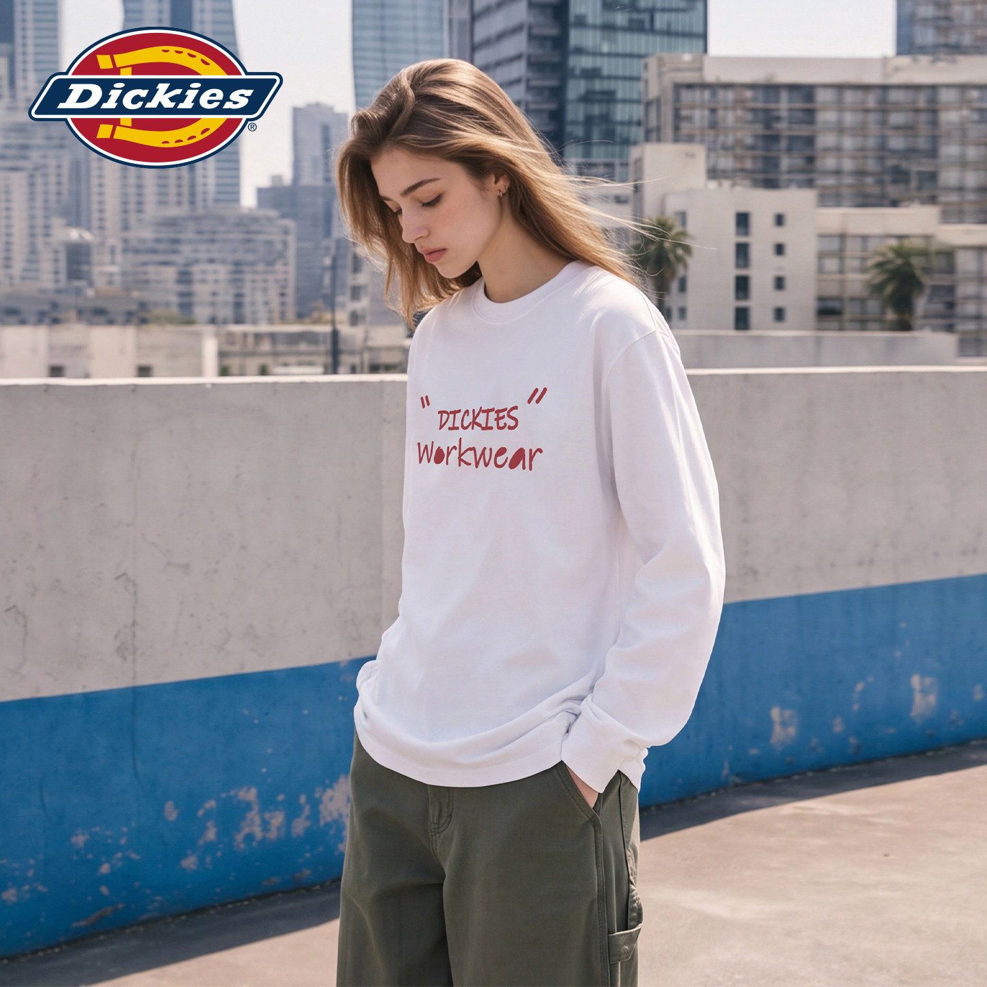 Dickies帝酷适白色长袖T恤女2026字母印花圆领上衣宽松休闲百搭m