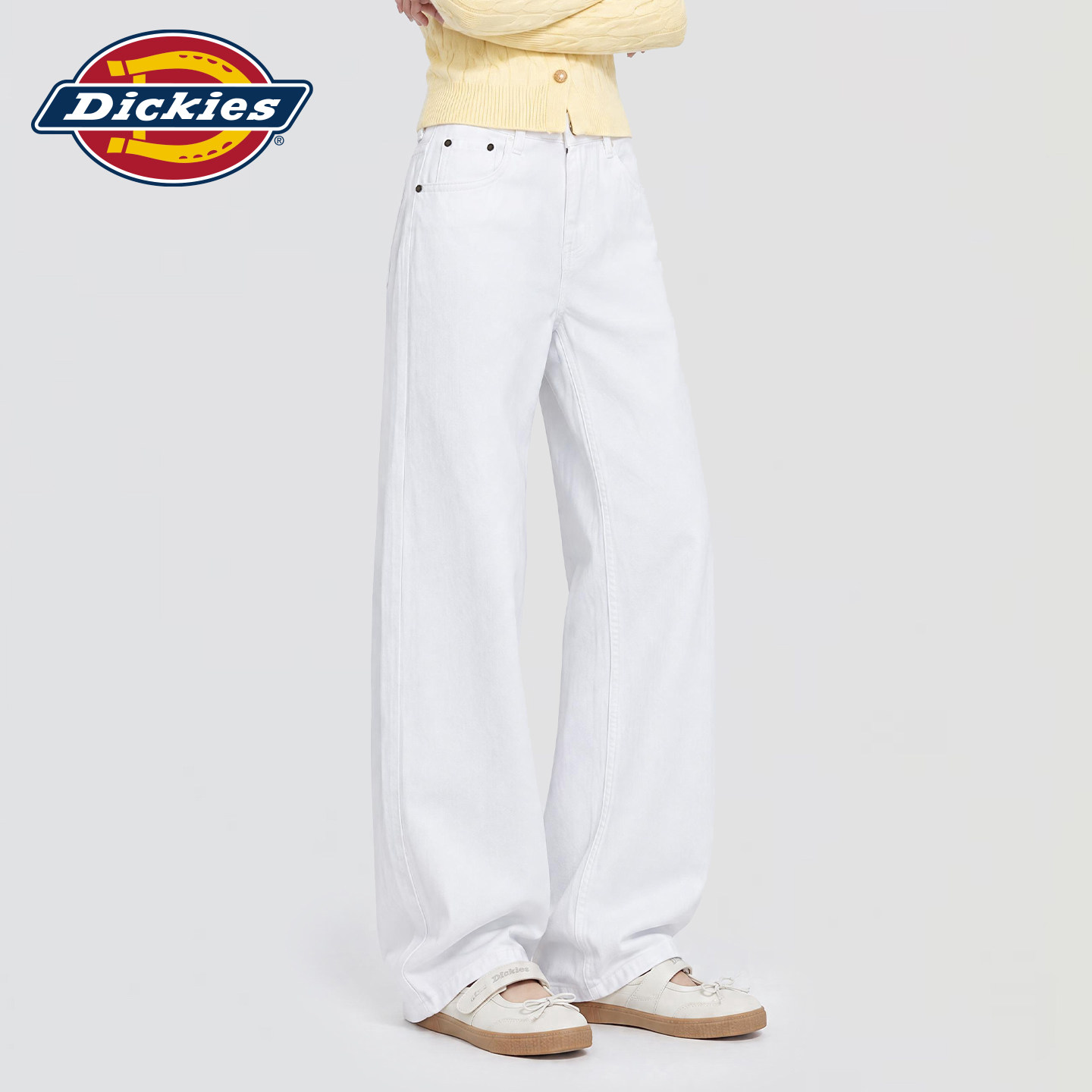 Dickies帝酷适白色高腰直筒牛仔裤女美式风秋季宽松显瘦阔腿长裤m