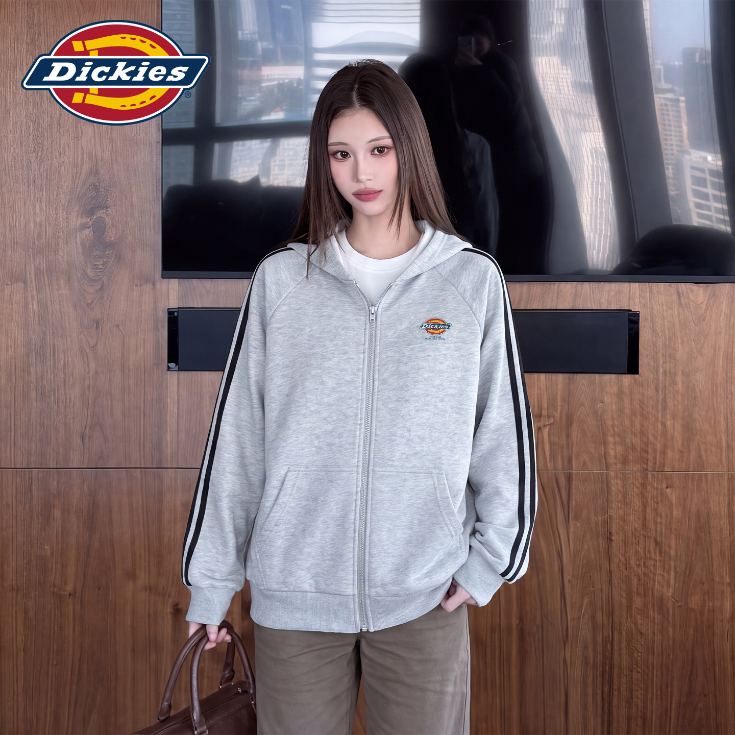 Dickies拼条宽松连帽开衫卫衣女图片