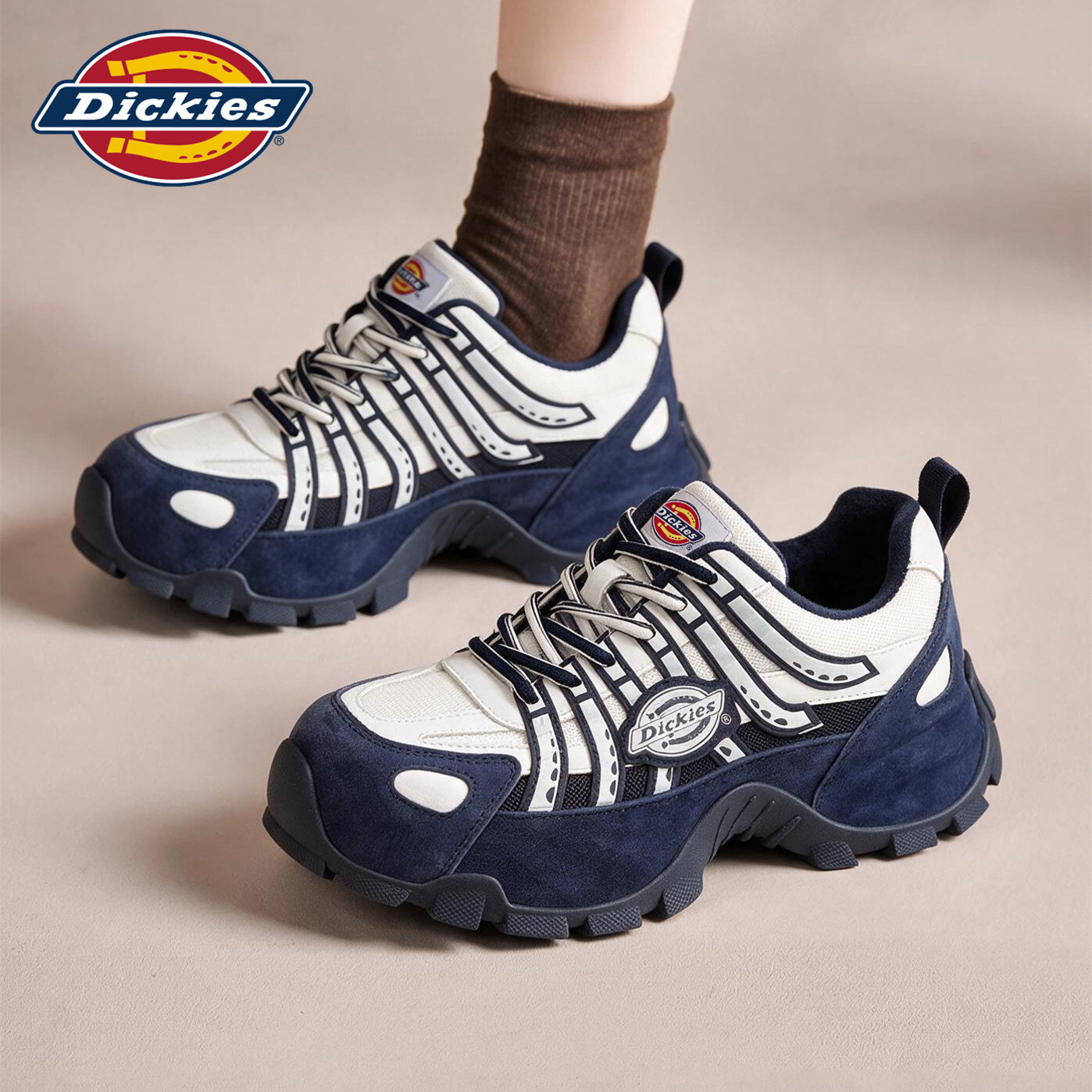 Dickies厚底加绒老爹鞋女款户外登山鞋低帮蓝色休闲鞋冬季新款ZX