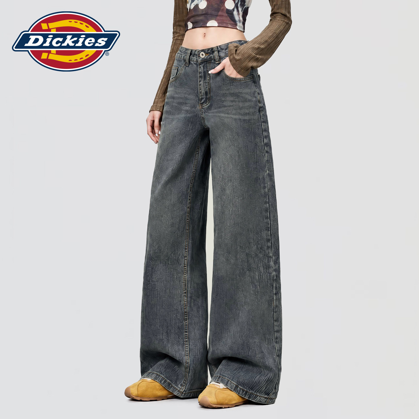 Dickies帝酷适美式风复古阔腿牛仔裤女宽松显瘦做旧水洗拖地长裤m