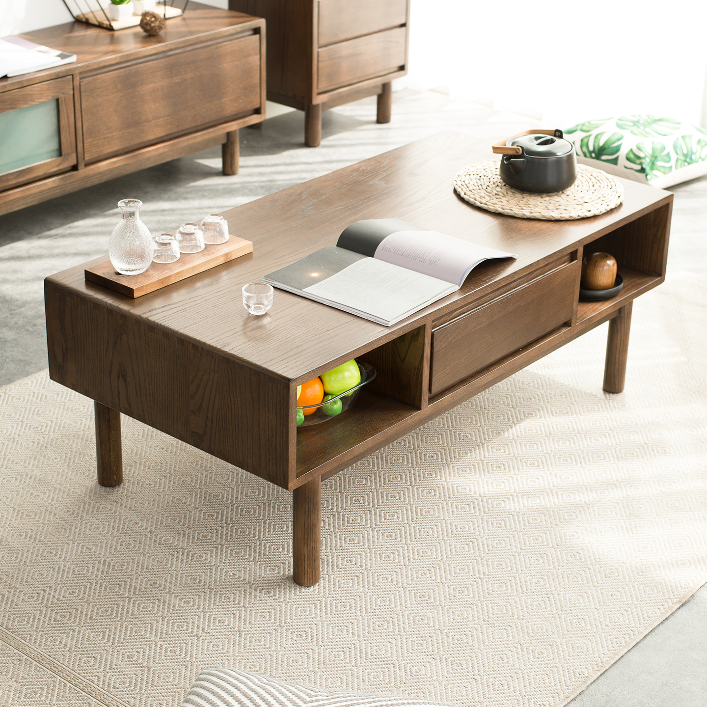 优木家具北美橡木茶几1米全实木茶几1.2米带抽储物茶几北欧原木