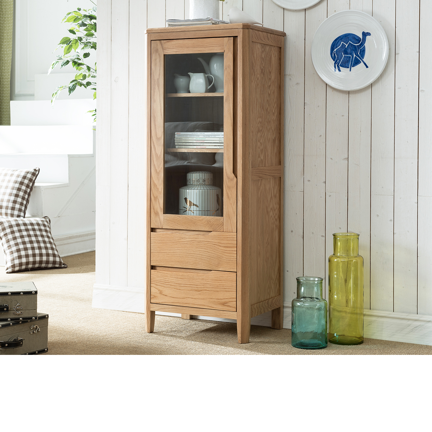 优木家具北美橡木书柜全实木书架展示柜边柜厅柜北欧简约原木家具