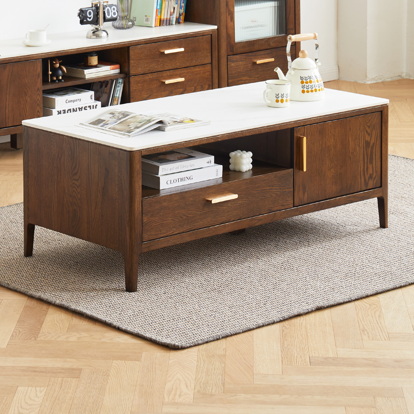 优木家具北美橡木茶几1.2米全实木茶几1米岩板茶几茶桌两抽储物