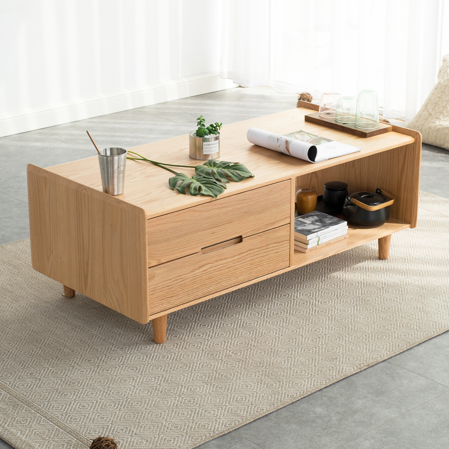 优木家具北美橡木茶几1.2米全实木茶几1米抽屉储物茶几北欧原木