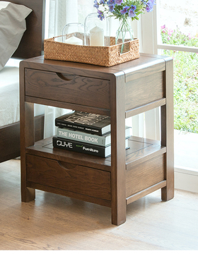 优木家具北美橡木床头柜两抽床头柜全实木床头柜北欧简约胡桃木色