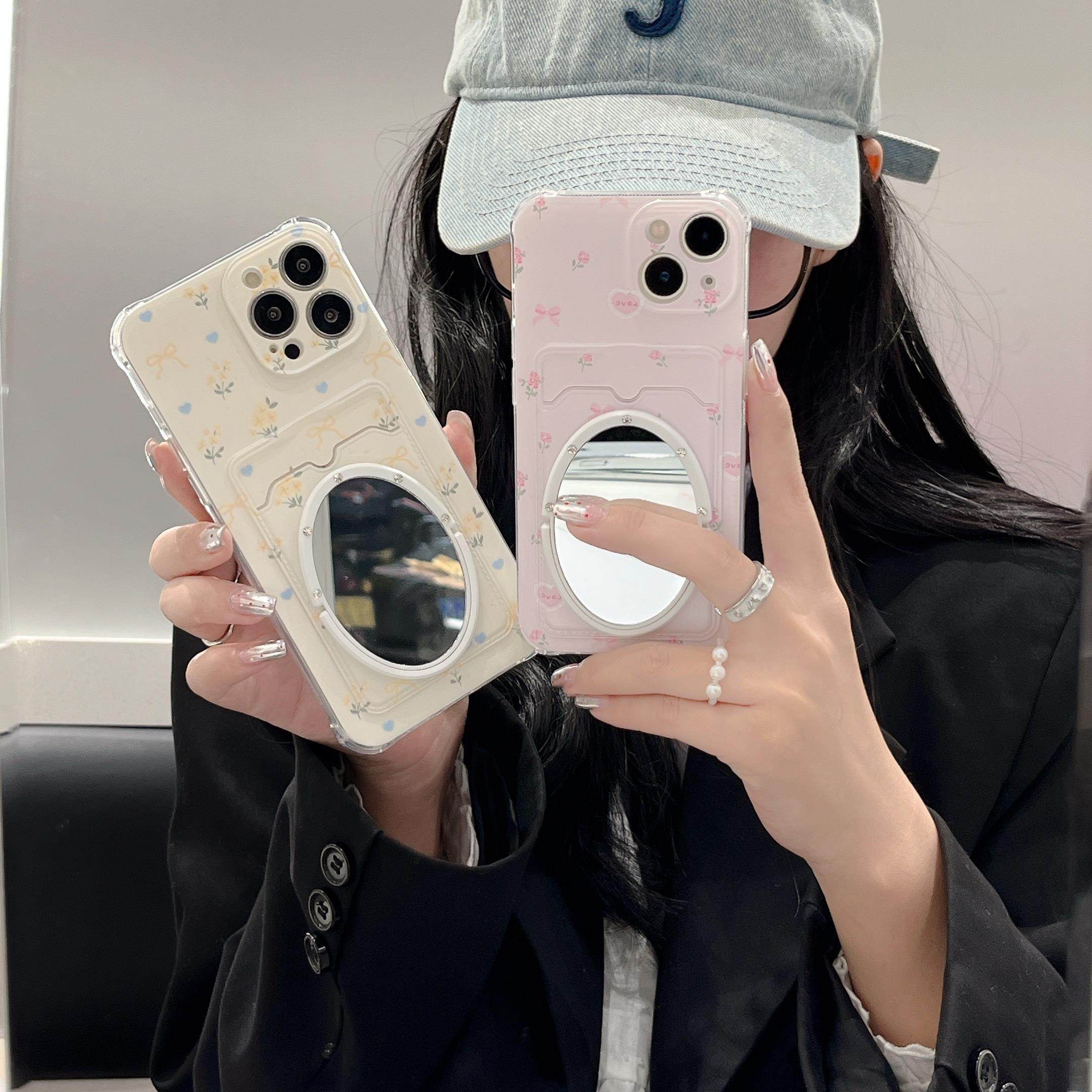 粉色花朵郁金香插卡包iphone17手机壳带镜子卡套16promax黄色小爱心适用13/14苹果15零钱包可爱卡通保护壳软