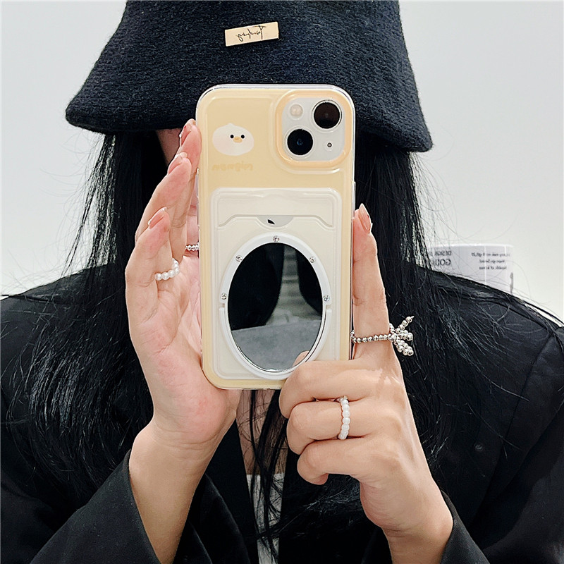 透明星星卡套iphone17/16promax镜子手机壳卡包适用苹果13/14小黄鸭保护壳零钱包卡通涂鸦油画可插卡包女全