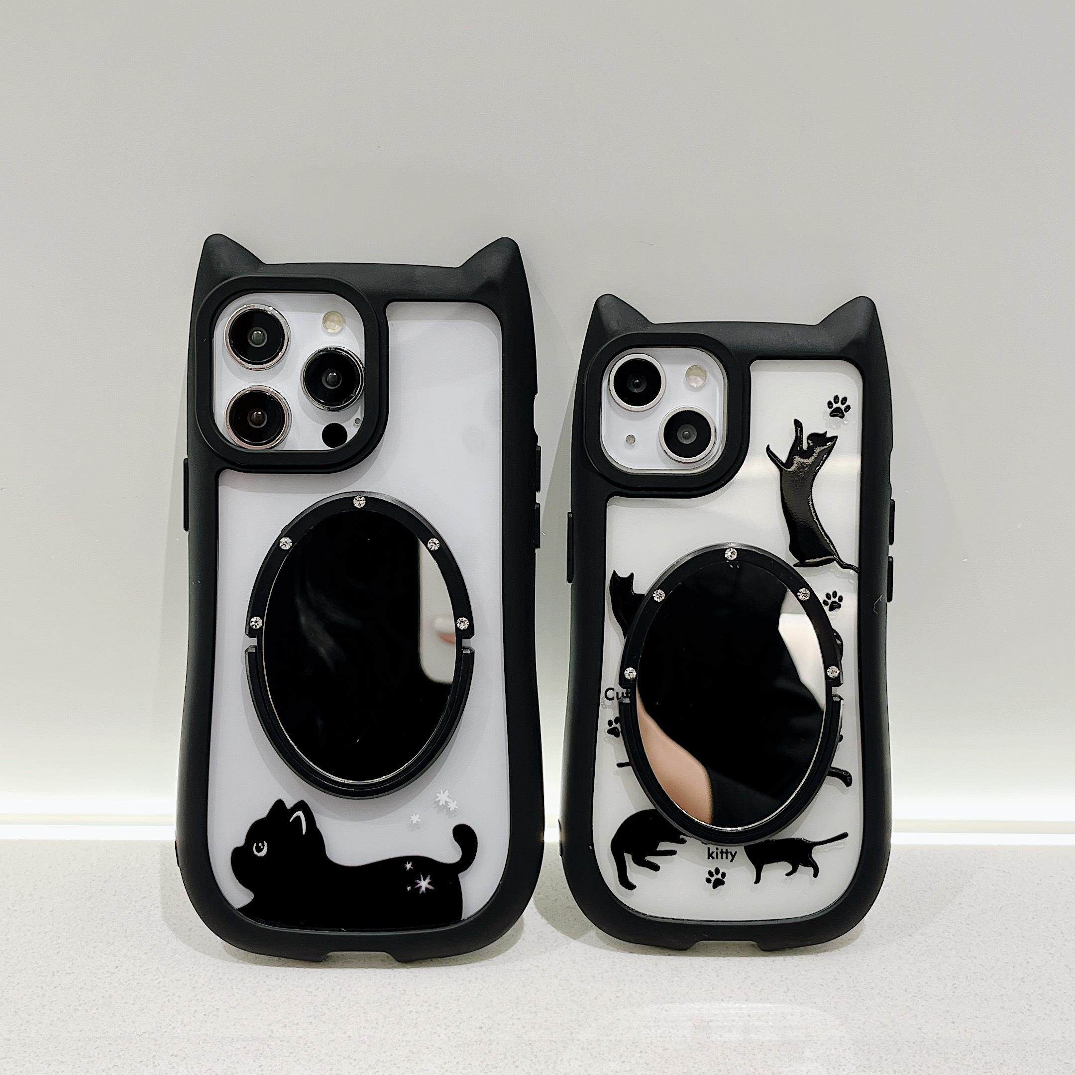 加厚气垫猫耳朵iphone14/15promax手机壳带镜子11适用12苹果13立体保护壳透明可爱卡通硅胶套新款黑色猫爪女