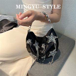 2025新品法式仙女包镶钻手提月牙腋下包复古缎面手拎晚宴包手提包