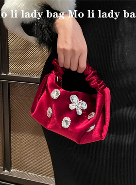 法式小众丝绒镶钻饭盒包甜美皱褶手提包晚宴包水钻高级感斜跨包女