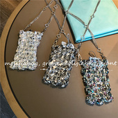 小众设计定制2021新设计师款 水晶镂空纯手工编织斜挎链条手机包女