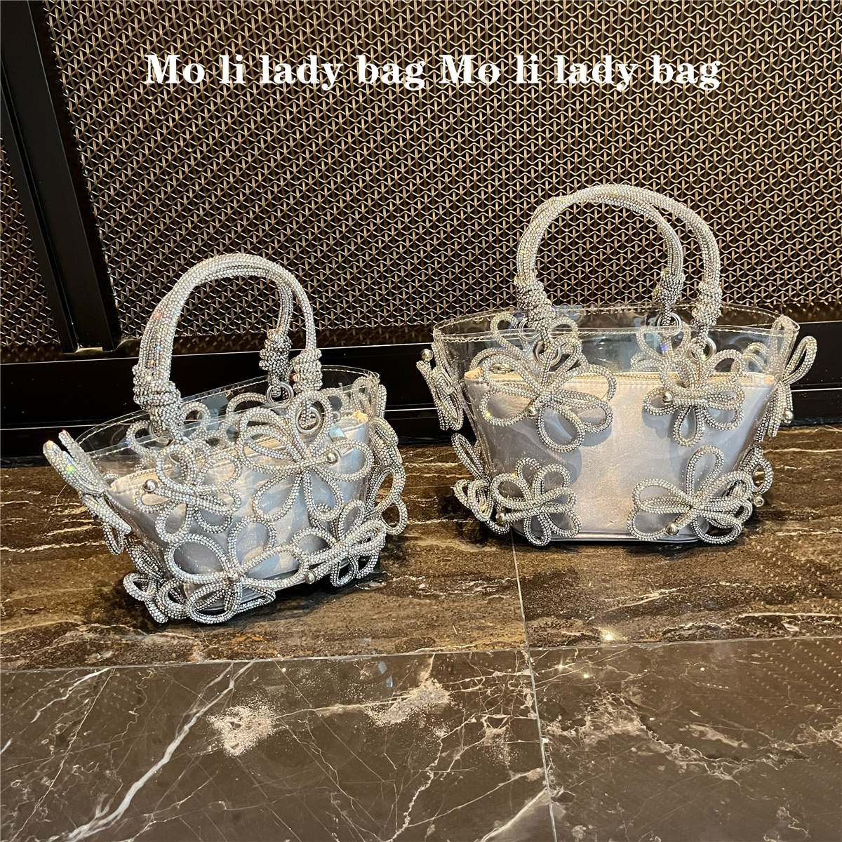 高级感pvc果冻透明烫钻蝴蝶结水桶包手工菜篮子花朵镶闪亮手提包