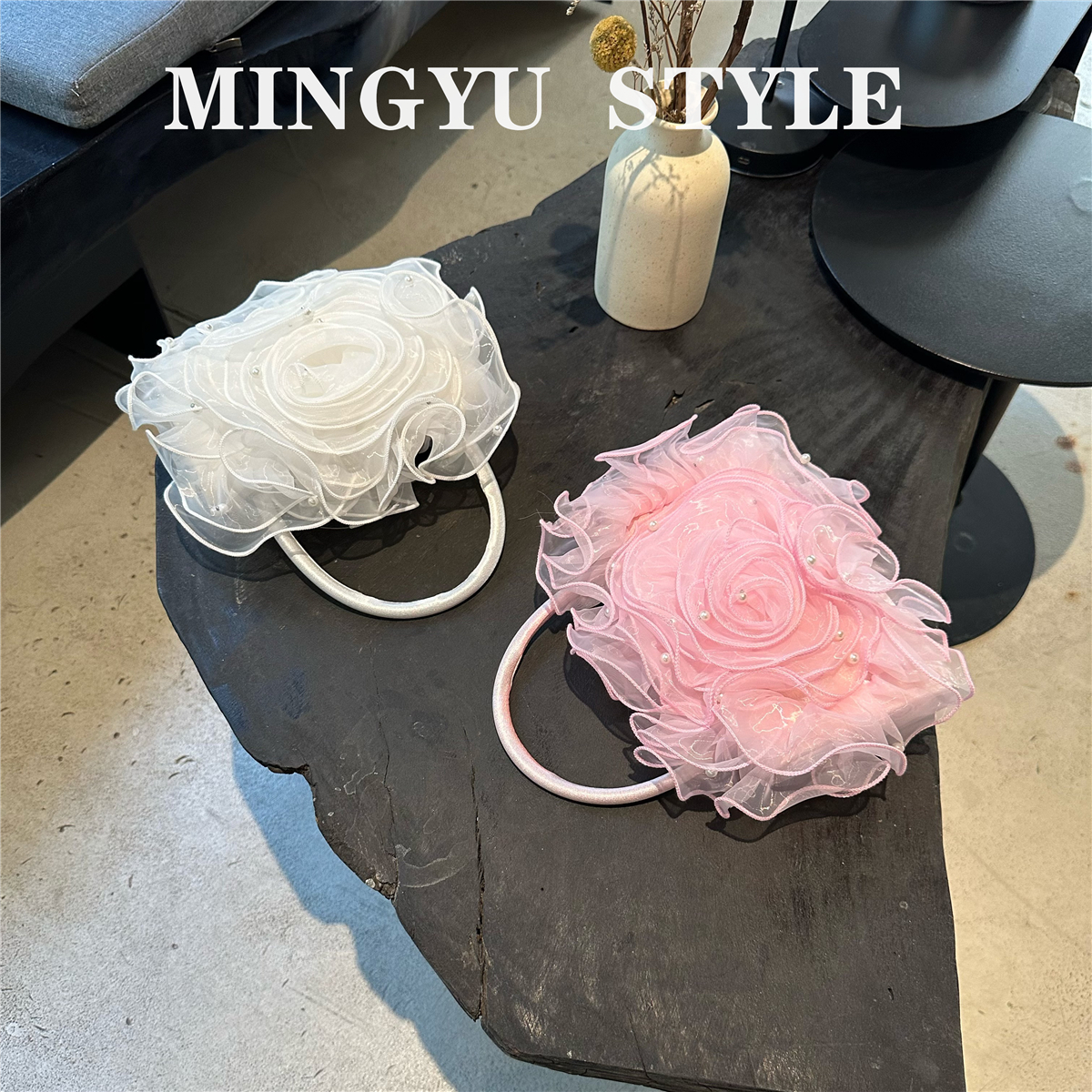 复古仙女立体粉色纱蓬松大花朵婚纱礼服新娘包包舞台女手提斜跨包