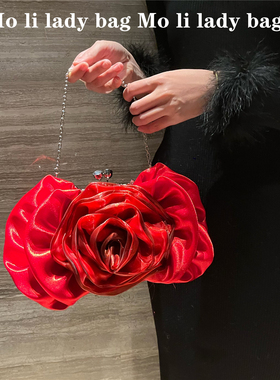 名媛玫瑰花结婚女新娘高级感丝绸红色晚宴礼服旗袍手提斜背女包包