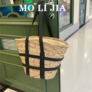 海边度假风高级感拼接草编包女手工小众大容量菜篮子沙滩单肩女包