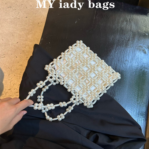 甜美淑女法式小众镂空手提串珠包韩国INS复古手工珍珠编织小方包