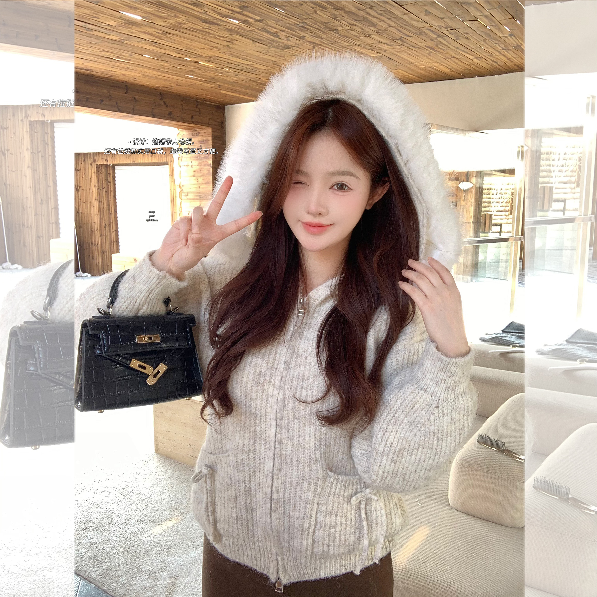百搭长袖针织开衫毛领拉链真口袋