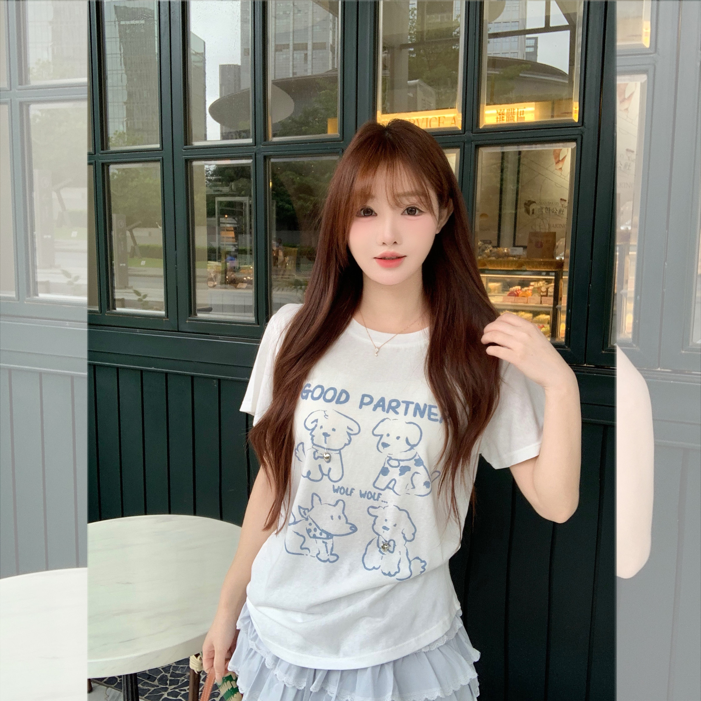 冰爽雪花棉小狗印花短袖女t恤衫