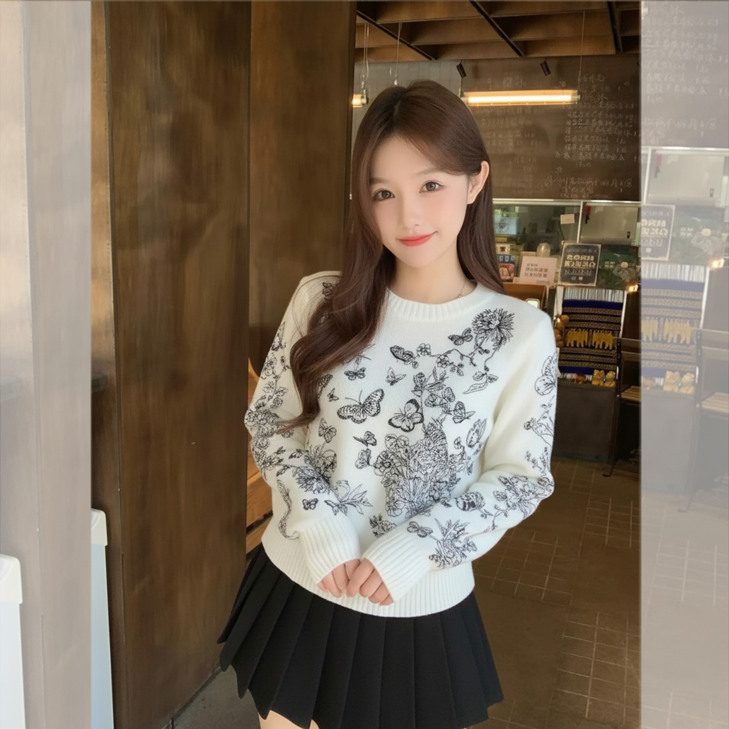 圆领刺绣花卉蝴蝶高级感套头百搭