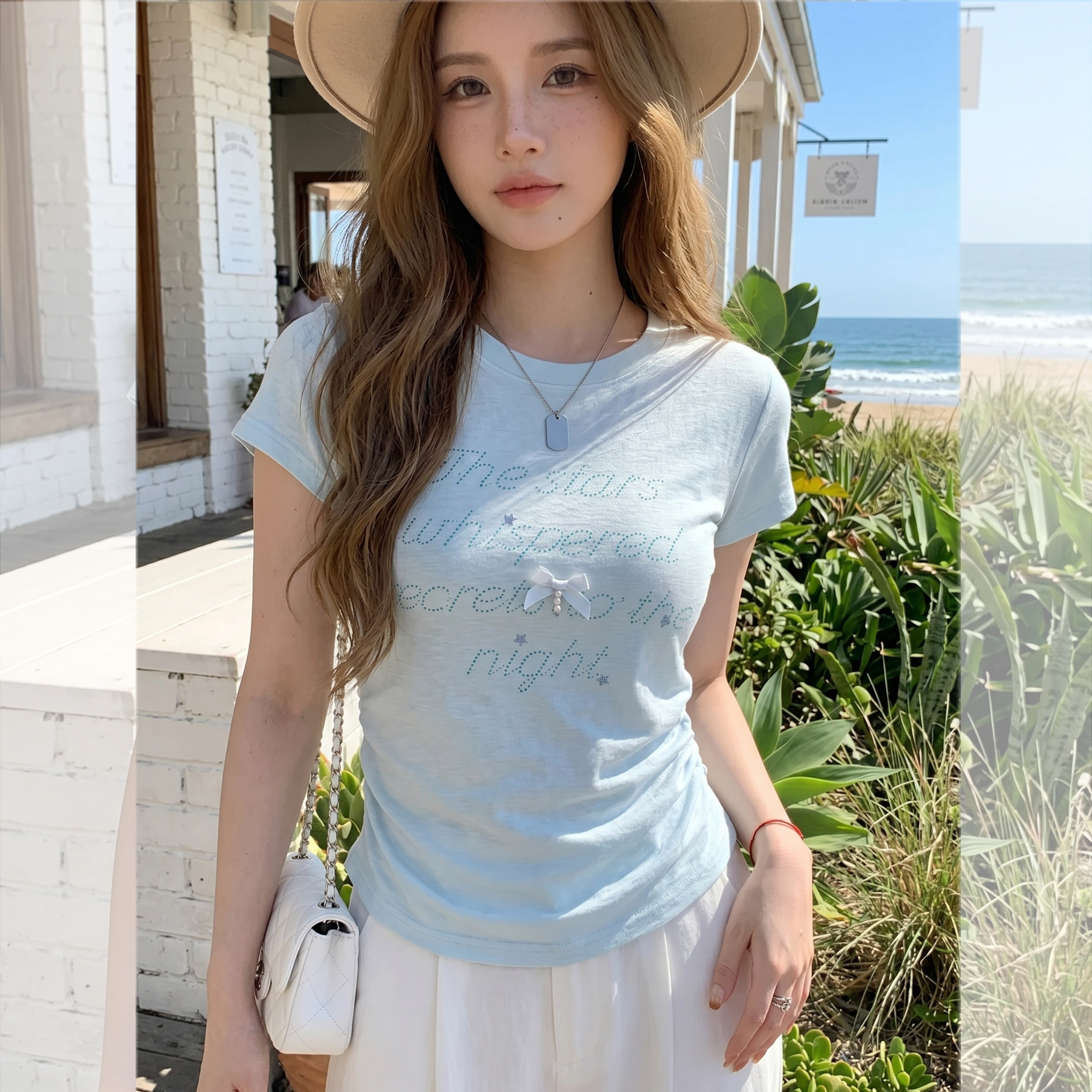 钟菲菲凉爽雪花棉设计感条纹正肩短袖t恤女2026新款夏季穿搭显瘦