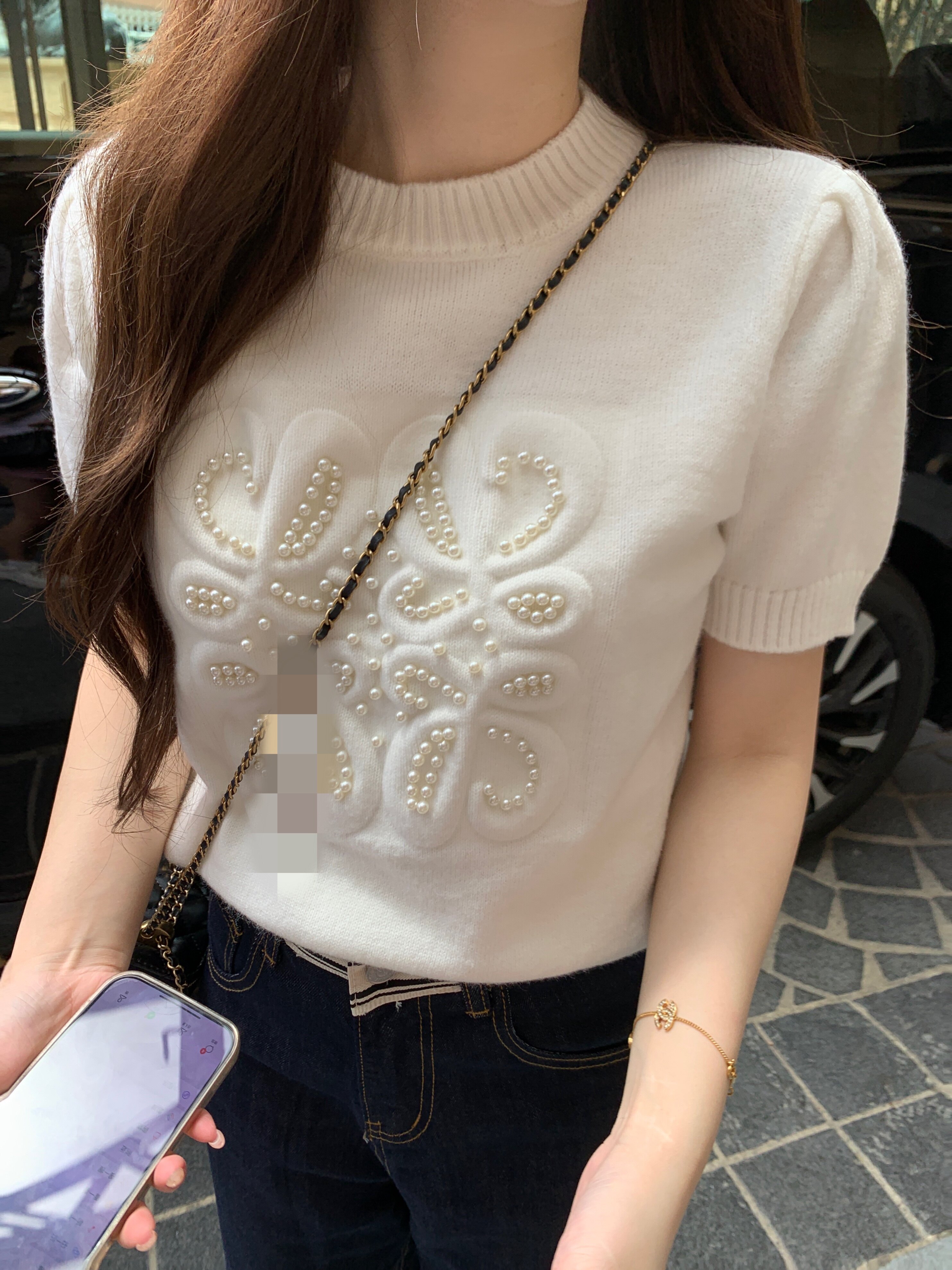钟菲菲高定LOE重工钉珠针织衫短袖毛衣T恤女2025秋季新款潮牌上衣