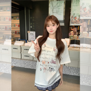 现货闪发钟菲菲冰爽精梳棉小狗蝴蝶结印花宽松显瘦短袖 t恤女2026