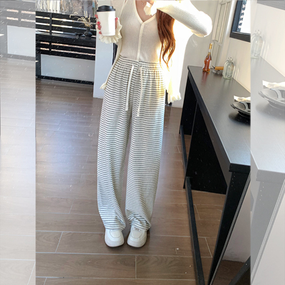 松紧腰抽绳条纹休闲裤百搭休闲裤