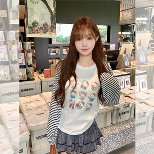 现货闪发钟菲菲冰爽雪花棉kitty猫咪印花宽松防晒罩衫长袖t恤女20