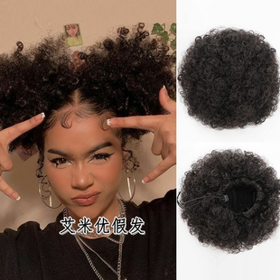 黑色双丸子发包黑人小卷假发懒人头饰高马尾一体式发包网兜花苞头