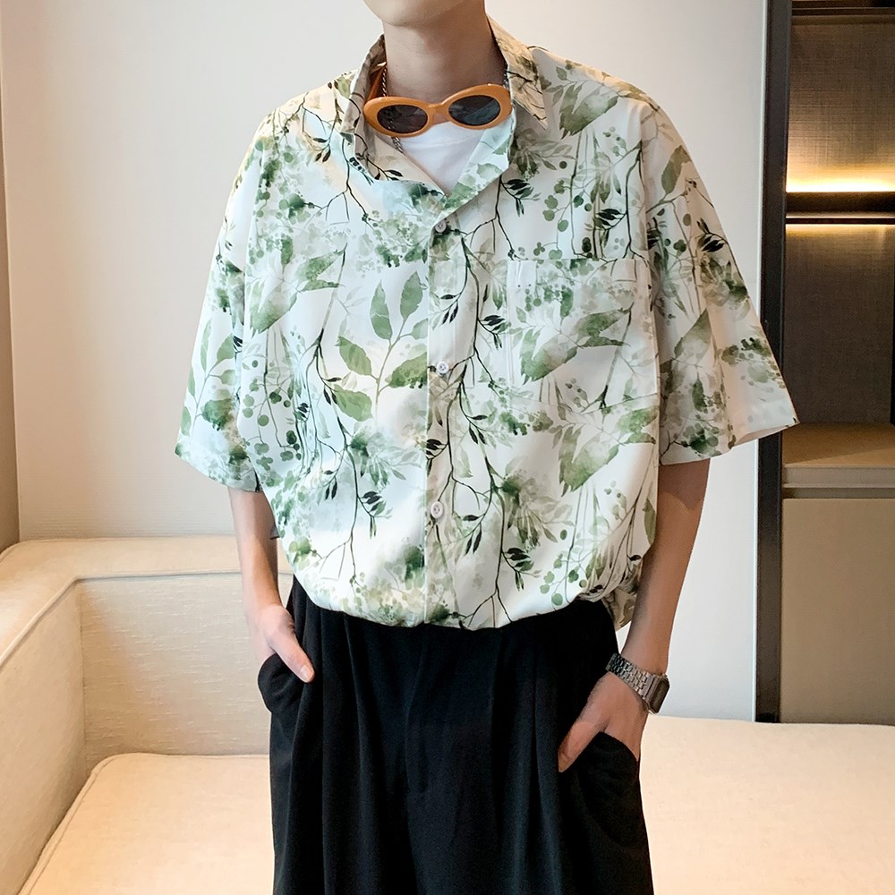 酒店内景夏新款短袖衬衫男装复古花衬衣二开6621P40控58,男装衬衫,电商A034