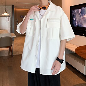 夏季宽松半袖衬衣 潮男纯色大码短袖衬衫 港风内景 6607 P48控68图片