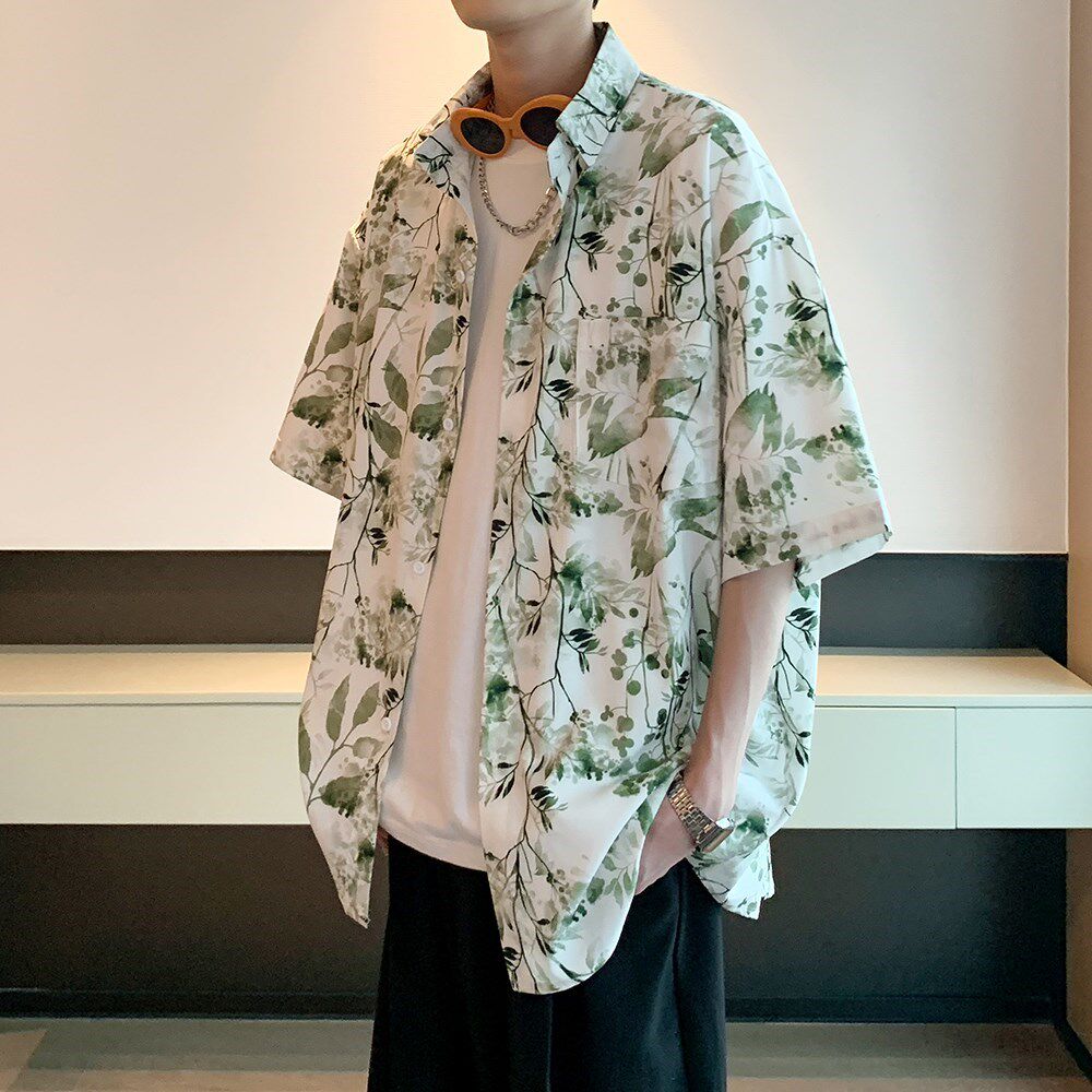 酒店内景夏新款短袖衬衫男装复古花衬衣二开6621P40控58,男装衬衫,电商A034