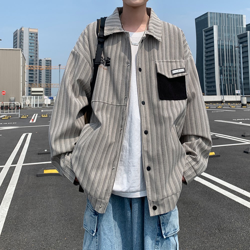 港风条纹宽松休闲夹克日系大码印花外套潮男外景6639P78控118,男装夹克,电商A034
