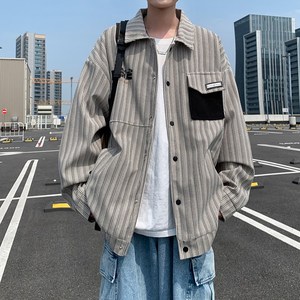 港风条纹宽松休闲夹克 日系大码印花外套潮男外景 6639 P78控118图片