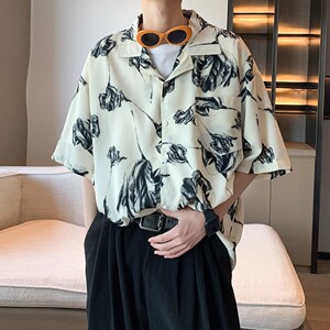 新款清新港风夏短袖衬衫 男宽松碎花衬衣酒店内景 6618 P40控58图片