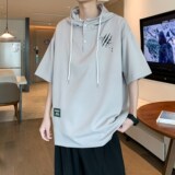 酒店景夏休闲短袖衬衫小清新男连帽宽松套头衬衣6608P48控68，男装衬衫，电商A034