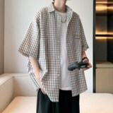 港风潮男衬衣千鸟格子宽松大码短袖衬衫酒店内景6610P45控58，男装衬衫，电商A034