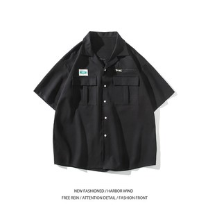 港风工装短袖衬衫男生夏季潮牌痞帅黑色衬衣薄款宽松大码上衣外套,男装衬衫,电商A034