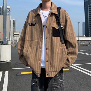 港风2025新款条纹宽松休闲夹克 印花外套潮男外景 6639 P78控118图片