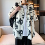 新款休闲南亚风夏短袖衬衫男薄款衬衣酒店内景二开6618P40控58，男装衬衫，电商A034