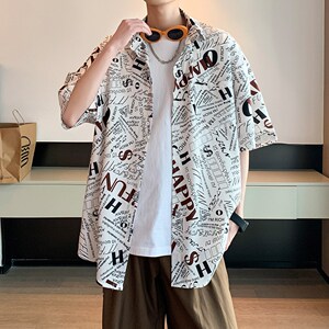 港风内景日系休闲夏短袖衬衫男冰丝凉爽花衬衣二开6623P40控58