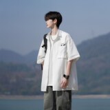 wassuphappy冰丝短袖衬衫男夏季薄款潮流大码半袖上衣服休闲外套，男装衬衫，电商A034