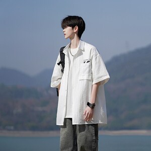 wassup happy冰丝短袖衬衫男夏季薄款潮流大码半袖上衣服休闲外套图片