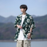 港风夏款夏短袖衬衫男宽松个性冰丝碎花衬衣6617P40控58，男装衬衫，电商A034