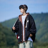 宽松撞色连帽外套假两件青年男休闲夹克相机外景6635P98控138，男装夹克，电商A034