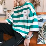 条纹短袖t恤男夏季薄潮牌男装2025新款宽松大码半袖国潮衣服体恤，男装T恤，电商A034