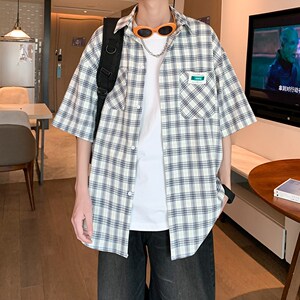 内景夏新款二开港风格子衬衫 短袖衬衣青年男装 6609 P45控58图片
