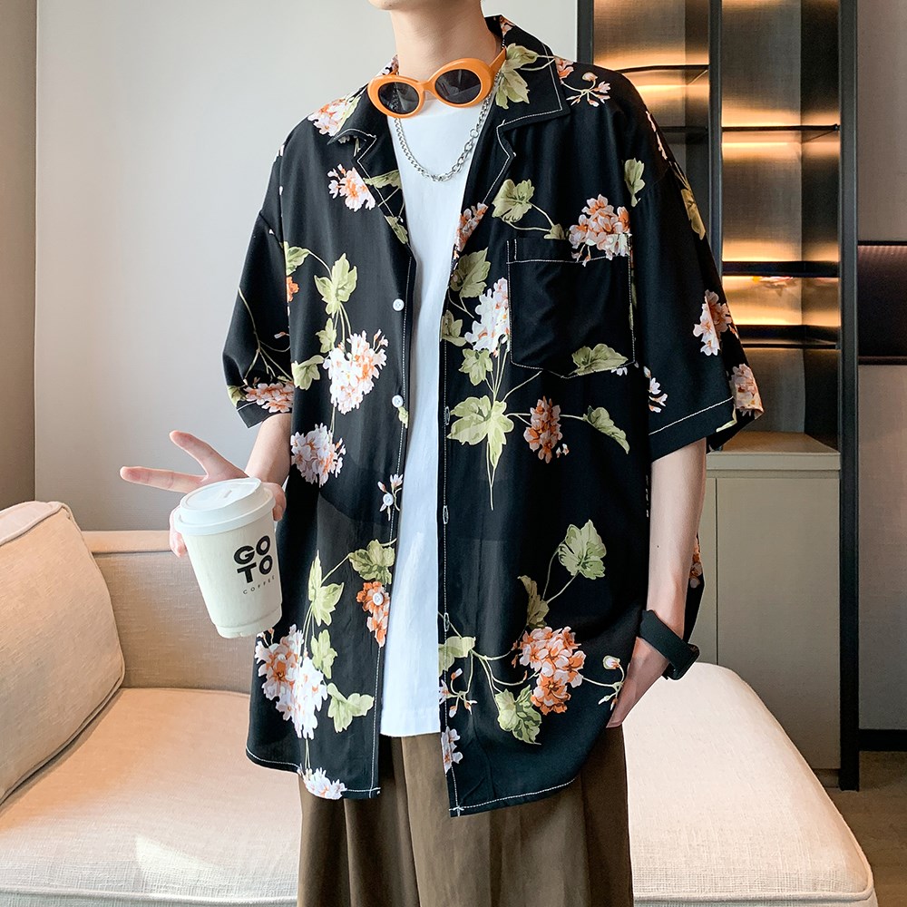 小清新2025夏新款短袖衬衫男士花色衬衣港风内景6622P40控58,男装衬衫,电商A034