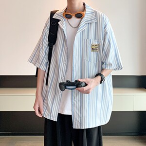 2025内景酒店风夏男士短袖衬衫 条纹宽松衬衣 6611 P48控68图片